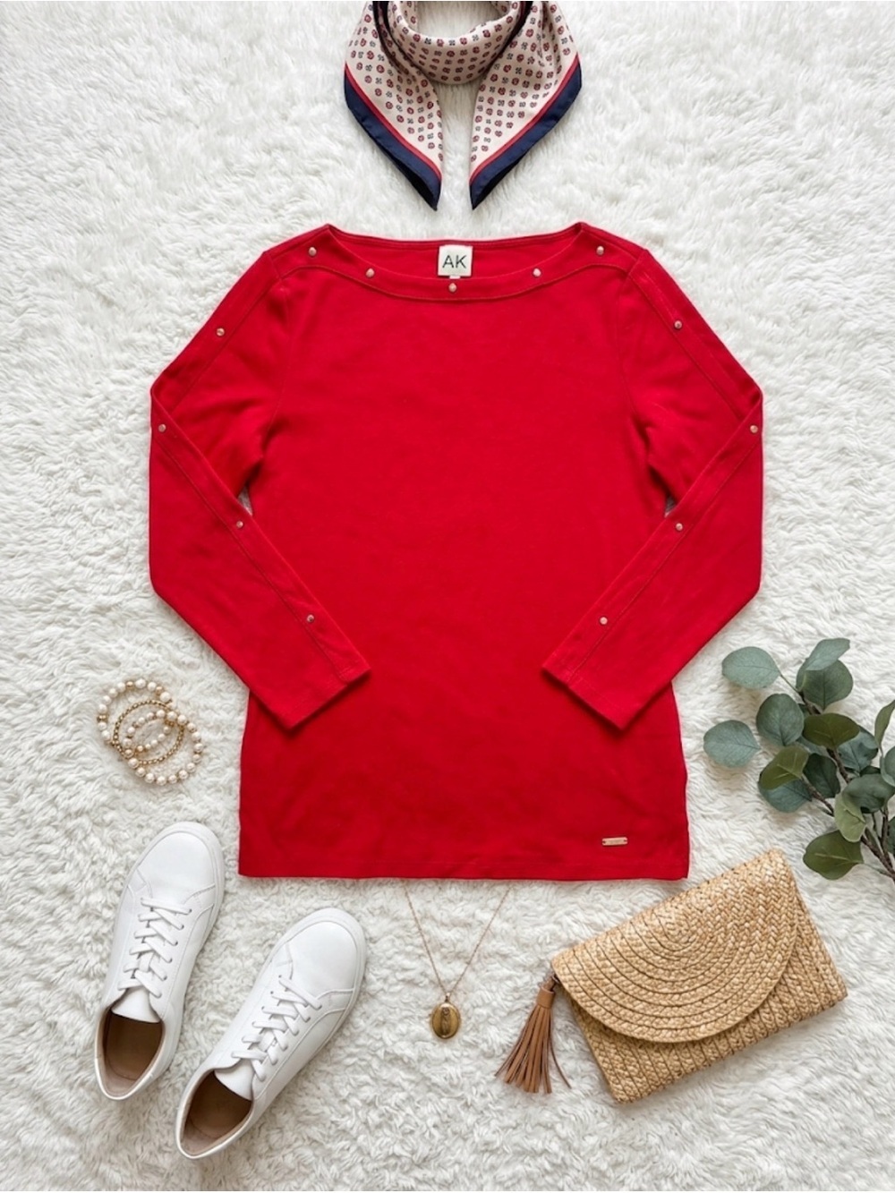 Red 3/4 Sleeves Boatneck Knit Top